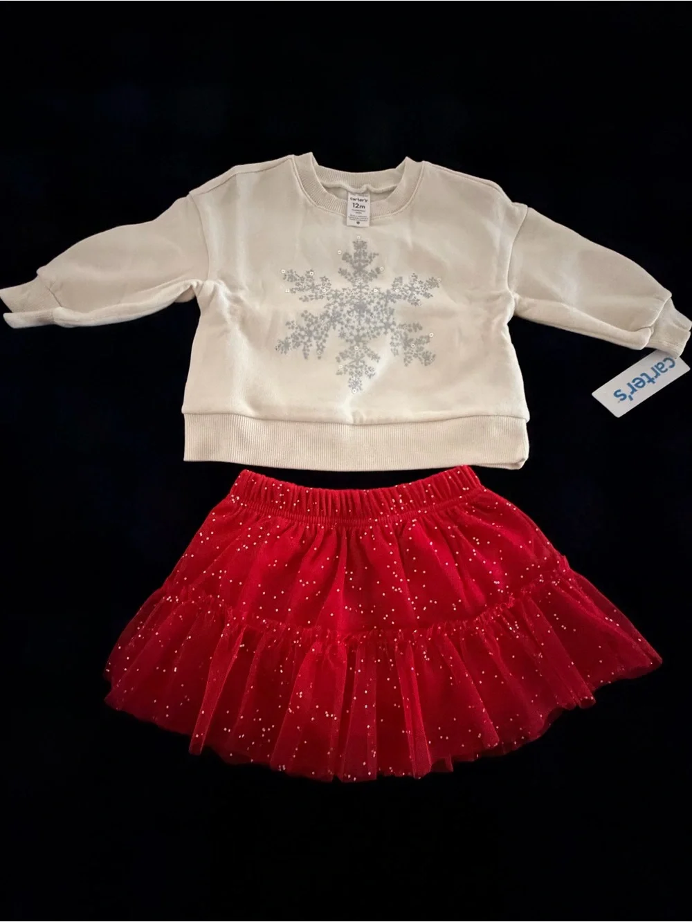 Carter's Cream Snowflake Sweatshirt with Red Sparkle Tulle Skirt